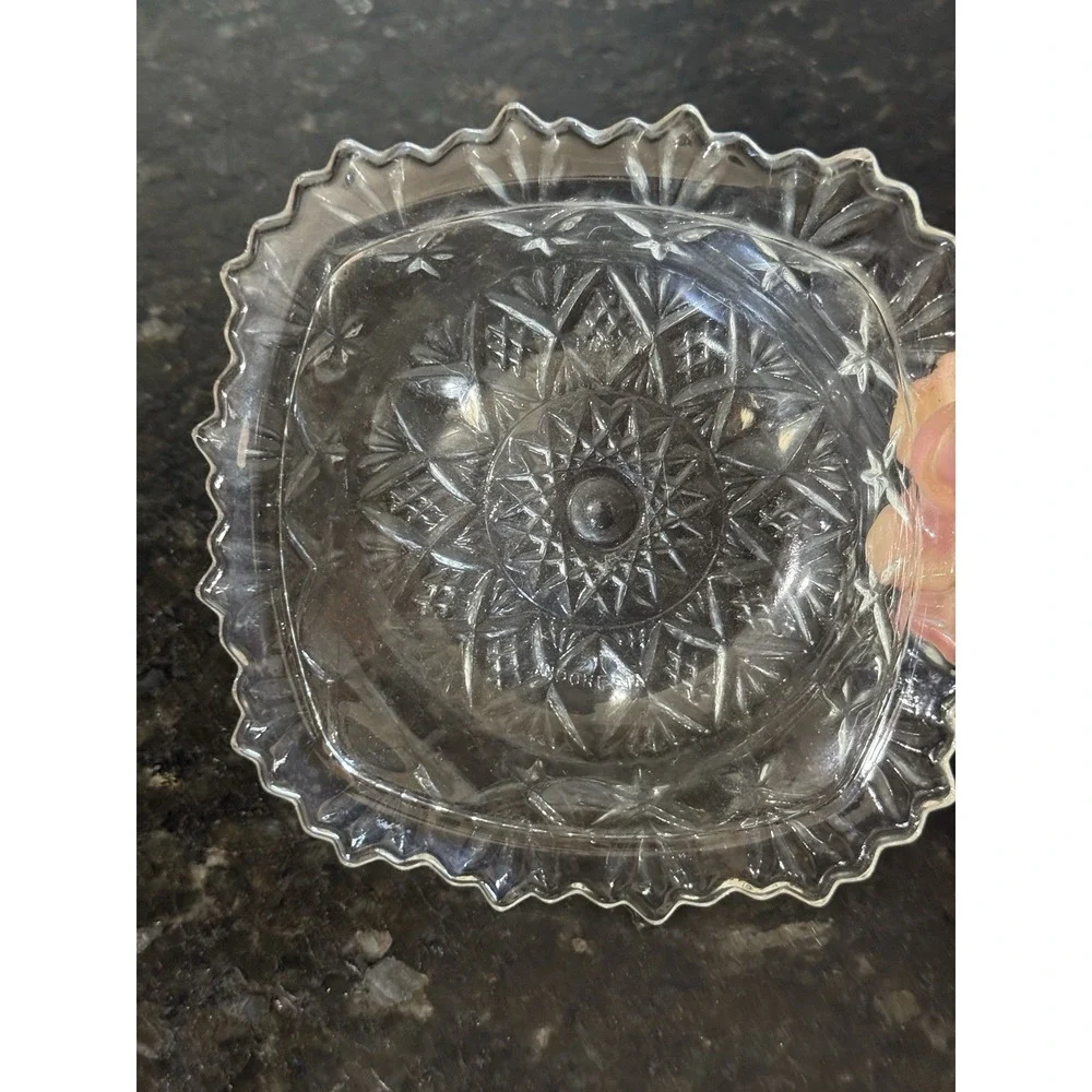 Vintage Clear Cut Glass Style MCM Dish Square Sawtooth Scalloped Rim Starburst